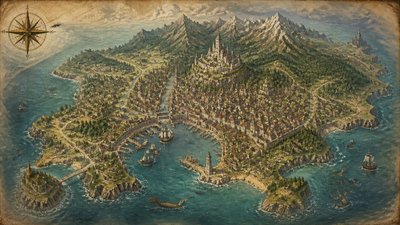 a map of an island realm with mountains, forests, a sheltered bay, sea monsters in the water and a compass rose, no text labels