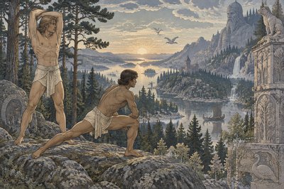 two male athletes in loin cloths do stretching exercises at sunrise