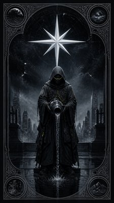 a robed figure pouring water beneath a large eight-pointed star in a night sky, symmetrical composition with an ornate decorative border, no text