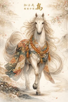 Masterpiece of Japanese fantasy illustration, ultra-detailed, refined high-end aesthetic, majestic horse as a Shōgatsu New Year symbol, complete and graceful form, body adorned with intricate traditional Japanese motifs inspired by kimono textiles and Edo-period patterns, including seigaiha waves, asanoha geometry, and subtle sakura accents, delicate gold leaf and fine metallic ink tracing contours, ultra-fine linework with hand-inked precision, standing against a minimal washi-paper background in soft ivory with muted crimson and ink-black accents, flowing mane and tail with elegant, elongated motion conveying calm strength and forward momentum, mid-shot, front-facing composition, balanced use of negative space, refined textile-like textures, quiet ceremonial atmosphere, 8K resolution, hyper-detailed yet painterly rendering, museum-quality illustration, subtle gold calligraphy text at top reading “2026 年 馬” with a smaller inscription “謹賀新年”, in the style of Japanese ink illustration blended with contemporary fantasy art, delicate line-art, restrained color palette, timeless and elegant