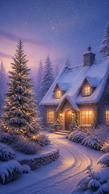 a snow-covered cottage with warm glowing windows beside a decorated pine tree, gentle snowfall, no text
