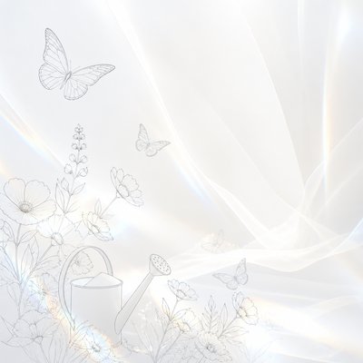 a garden scene with butterflies, flowers and a watering can, clean uncolored line art, no text