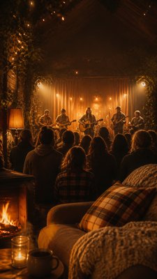 a live music scene with a glowing stage and silhouetted crowd, energetic vertical composition with open space at the top, no text