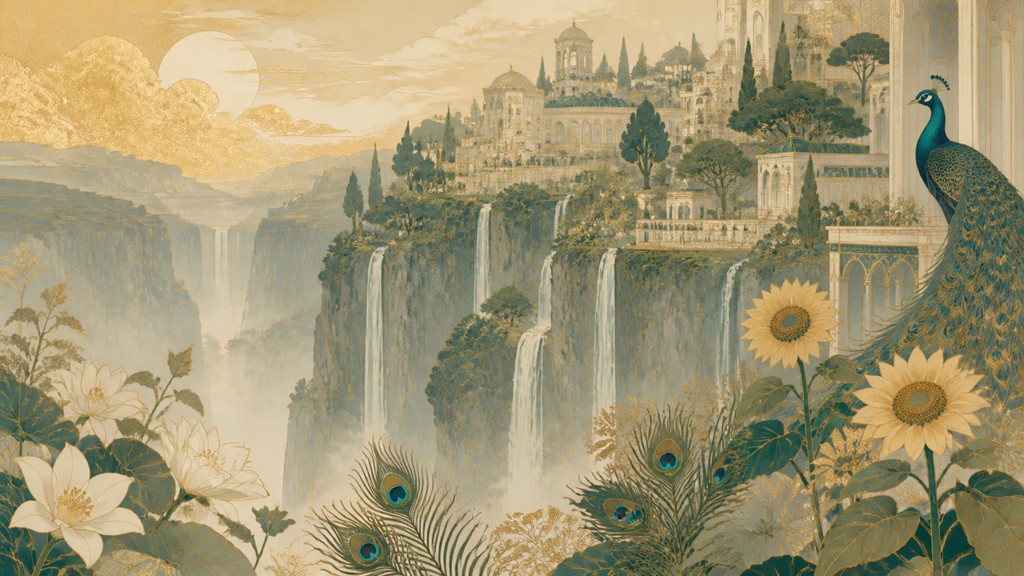 a cliffside city with waterfalls cascading into a misty canyon, wide establishing shot, no people, no text