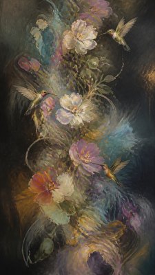 a climbing vine of flowers and hummingbirds on a dark background, tall wrapping composition, no text