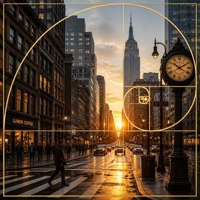 urban street with city activity — Golden Ratio Art Style