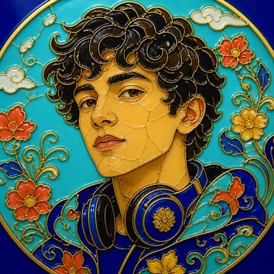 head-and-shoulders portrait of an original character: a young man with curly dark hair and headphones around his neck, plain backdrop, no text