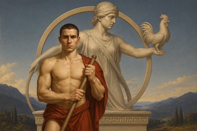 a painting of a man standing next to a statue