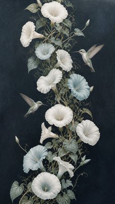 a climbing vine of flowers and hummingbirds on a dark background, tall wrapping composition, no text