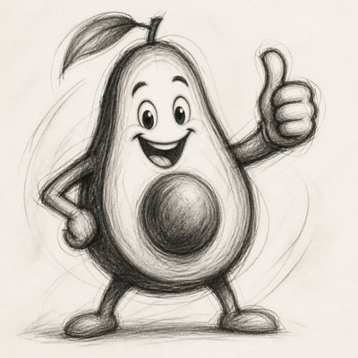 a happy avocado character giving a thumbs up, bold readable design on a plain background, no text