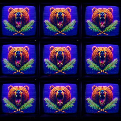 a roaring bear head above crossed pine branches, bold graphic composition on a plain background, no text