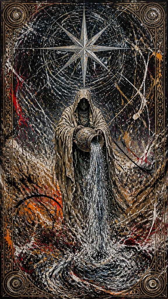 a robed figure pouring water beneath a large eight-pointed star in a night sky, symmetrical composition with an ornate decorative border, no text