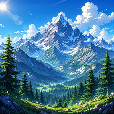 a mountain range above a pine valley, clear sky