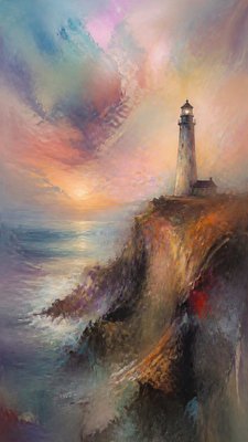a lone lighthouse on a cliff at dusk under a dramatic sky, no text or lettering