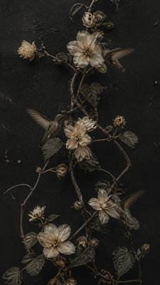 a climbing vine of flowers and hummingbirds on a dark background, tall wrapping composition, no text