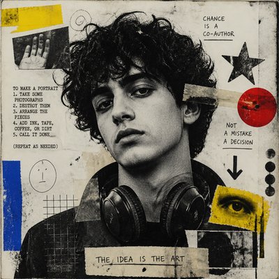 head-and-shoulders portrait of an original character: a young man with curly dark hair and headphones around his neck, plain backdrop, no text