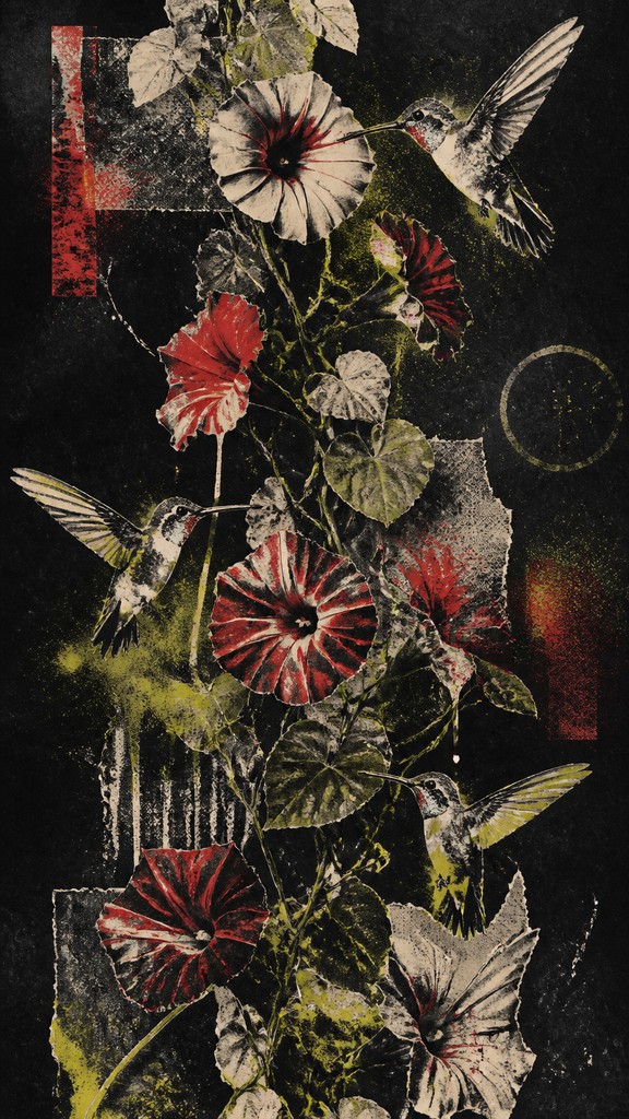 a climbing vine of flowers and hummingbirds on a dark background, tall wrapping composition, no text