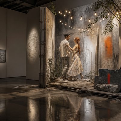 an original couple dancing under string lights in a garden at dusk: a man with short black hair in a linen shirt and a woman with braided red hair in a summer dress