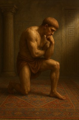 a painting of a man kneeling on a rug