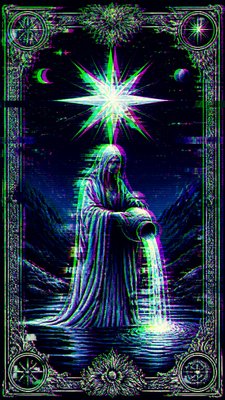 a robed figure pouring water beneath a large eight-pointed star in a night sky, symmetrical composition with an ornate decorative border, no text