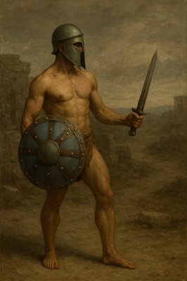 a painting of a roman warrior holding a sword and a shield