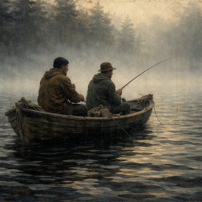 Fishing in the early morning fog on a lake.