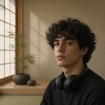 head-and-shoulders portrait of an original character: a young man with curly dark hair and headphones around his neck, plain backdrop, no text