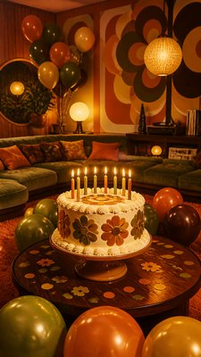 a birthday cake with lit candles surrounded by balloons and confetti, festive vertical composition, no text