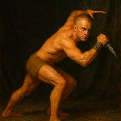 a painting of a man holding a knife