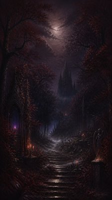 a mysterious forest path with fireflies and drifting mist, atmospheric vertical composition with open space at the top, no text