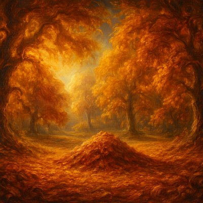 A tranquil and inviting autumn landscape, depicting a park-like setting with large trees and a central pile of fallen leaves. The trees framing the foreground and extending into the middle ground are now in their full, glorious fall colors, displaying a rich tapestry of brilliant yellows, deep oranges, fiery reds, and warm russets.

The ground is generously covered with a soft, thick carpet of fallen autumn leaves, rendered in various warm hues. A prominent, neatly gathered pile of raked leaves sits in the middle ground, inviting curiosity or play, with its textures and colors clearly visible. In the background, hints of a path or road gently wind through more fall foliage, suggesting a peaceful stroll.

The sky above is a soft, clear autumn blue, allowing warm, diffused sunlight to filter through the canopy, casting gentle shadows and highlighting the vibrant colors of the leaves both on the trees and on the ground. The overall mood is one of serene autumnal beauty, crisp air, and the pleasant, nostalgic feeling of a beautiful fall day in a park."