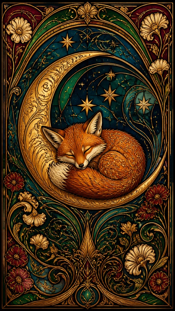 a sleeping baby fox curled on a crescent moon among soft stars, gentle and warm, no text