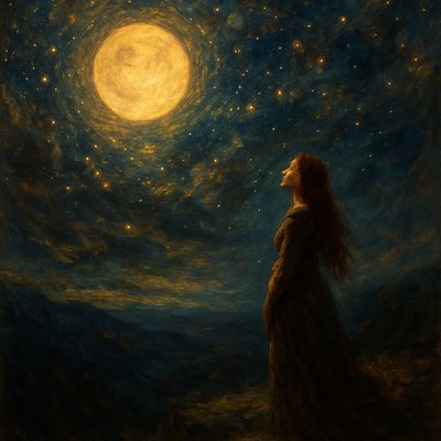 Romanticism Art Style, a profoundly emotional and majestic painting inspired by Psalm 8:3-6. The scene captures a vast, sweeping, and dramatic night sky, filled with an awe-inspiring celestial display of a luminous, prominent moon and countless brilliant stars, depicted with the grandeur and depth characteristic of Romantic landscape painting. In the foreground, set against the overwhelming scale of the cosmos, stands a solitary long red-haired woman, her back partially to the viewer or her face upturned in profound contemplation. She is small in the frame, emphasizing the immense scale, dressed in simple, flowing attire, positioned on a rugged, subtle earthly vantage point like a mountain overlook. Her posture and presence evoke a deep sense of humility, wonder, and spiritual awe at God's creation. The painting is dominated by dramatic chiaroscuro, with the intense glow of the moon and stars piercing through deep, atmospheric shadows. Focus on the sublime scale of the cosmos, the emotional resonance of the human figure contemplating the divine works, and the deep, spiritual awe that pervades the scene, reflecting God's majesty and mindfulness of humanity.
