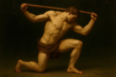 a painting of a man holding a rope