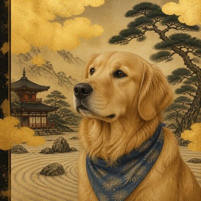 portrait of a golden retriever wearing a blue bandana, warm plain backdrop, no text
