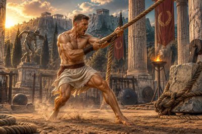 a painting of a man holding a rope