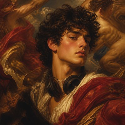 head-and-shoulders portrait of an original character: a young man with curly dark hair and headphones around his neck, plain backdrop, no text