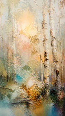 a serene birch forest in soft morning light, no people, no text