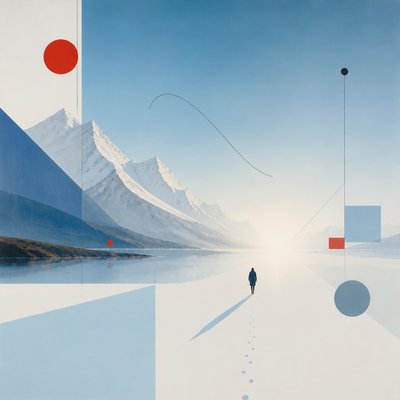 a solitary figure walking toward a glowing horizon across an empty plain, moody atmosphere, no text or lettering