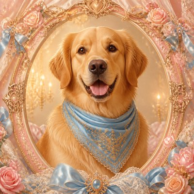 portrait of a golden retriever wearing a blue bandana, warm plain backdrop, no text