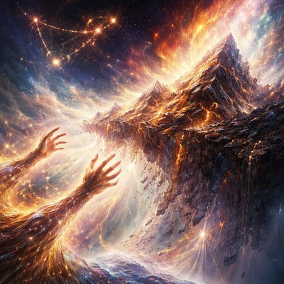 An abstract fusion of the Capricorn constellation and a mountain being turned to ash. Ethereal hands stretching out against a "destroying mountain" as it rolls off a cosmic cliff. The colors are charcoal, deep bronze, and flickering fire-orange. No cornerstones remain; the geometry of the mountain is fracturing. Surrealist style, sharp edges, metallic highlights, symbolic of Jeremiah 51:24-26.