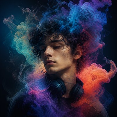head-and-shoulders portrait of an original character: a young man with curly dark hair and headphones around his neck, plain backdrop, no text