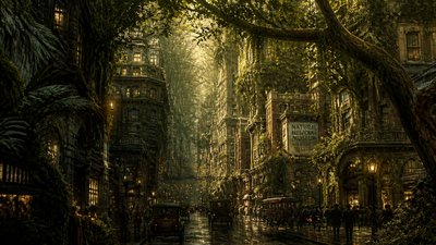 bustling city street panorama at dusk