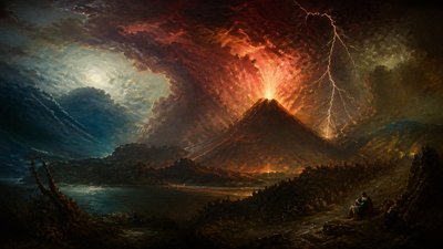 an erupting volcano with lightning strikes, dramatic wide composition, no text