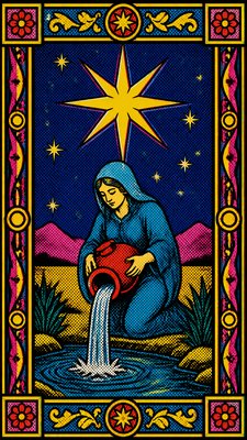 a robed figure pouring water beneath a large eight-pointed star in a night sky, symmetrical composition with an ornate decorative border, no text