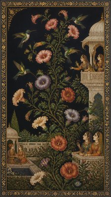 a climbing vine of flowers and hummingbirds on a dark background, tall wrapping composition, no text