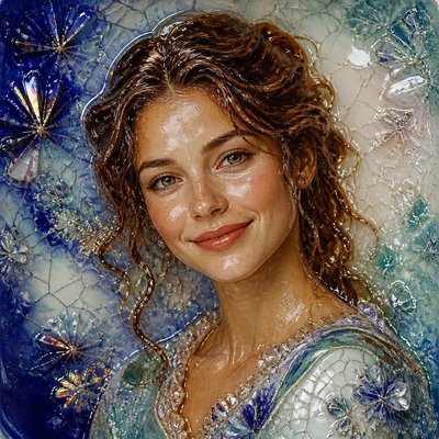head-and-shoulders portrait of an original character: a young woman with wavy chestnut hair and a warm smile, plain soft backdrop