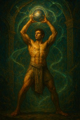 a painting of a man holding a ball above his head