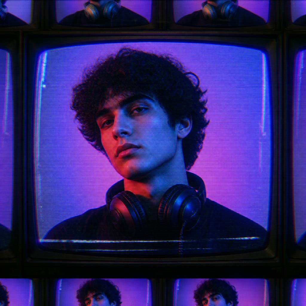 head-and-shoulders portrait of an original character: a young man with curly dark hair and headphones around his neck, plain backdrop, no text