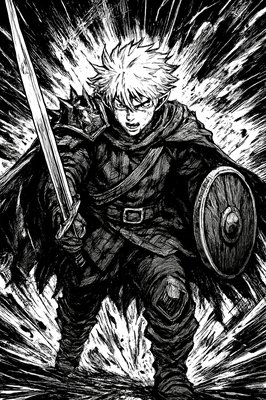 a black and white drawing of a man holding a sword